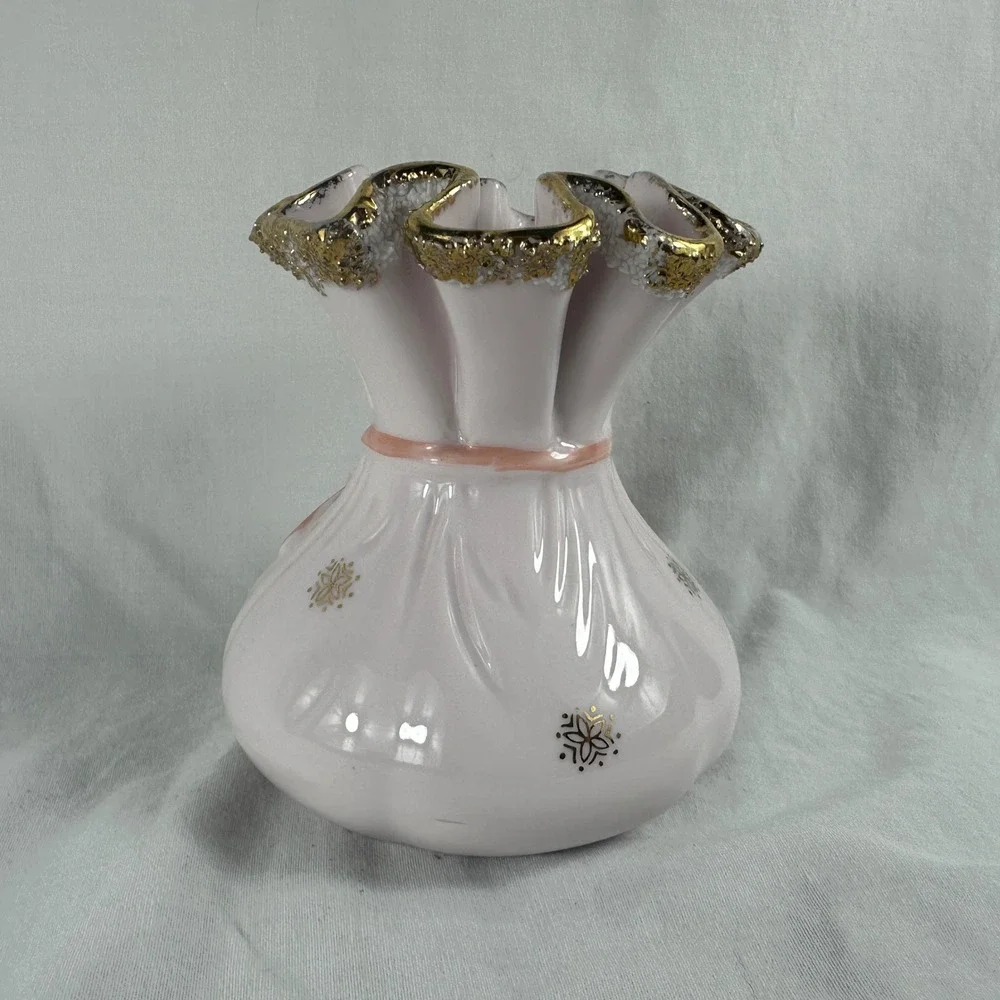 Vtg Lefton Pink Pouch Purse Vase Applied Flowers Forget-Me-Nots Gold Trim Mint
